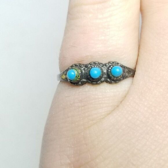 Vintage Sterling Silver Three Blue Band, ESPO, Size 6 Band, Estate - Picture 4 of 8